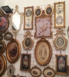 there are many framed pictures on the wall with gold trimmings and ornate frames