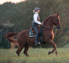 a woman riding on the back of a brown horse in a field next to trees