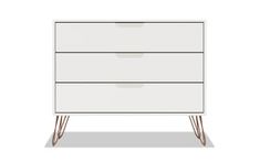 a white dresser with three drawers and two gold legs on the bottom, against a white background