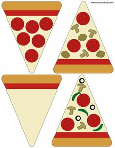 three pieces of pizza cut out to make them look like they have different toppings