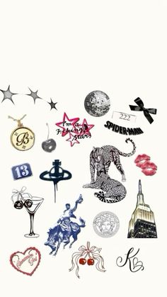 several different types of stickers on a white surface with stars and other things in the background