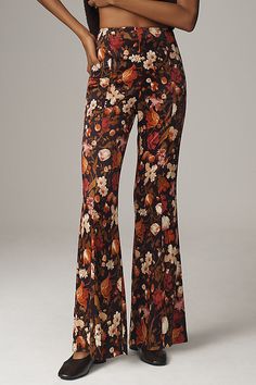 Viscose, elastane Side zip Hand wash Imported | Satin Flare Pants by Anthropologie, Women's, Size: 2, Viscose/Elastane Stretch Wide Leg Pants With Floral Print, Fitted Floral Print Wide Leg Pants, Floral Print Full-length Pants For Fall, Fall Floral Print Full Length Pants, Floral Print Straight Pants For Fall, Floral Print Flare Bottoms With Stretch, Chic Flared Floral Print Bottoms, Chic Flared Bottoms With Floral Print, Chic Floral Print Flare Bottoms