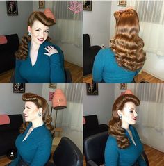 Wild Hair Color, 1940s Women, Pinup Hair, Vintage Hairstyles Tutorial, 50s Hairstyles, Vintage Curls, 1940s Hairstyles, Classic Hair, Aqua Hair