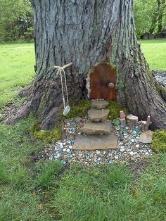 a fairy door is built into the base of a tree in a park with rocks and stones around it