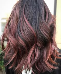 Rose Gold Streaks In Black Hair, Rose Brown Hair Highlights, Rose Gold In Brown Hair, Rose Brown Highlights Brunette, Rose Brown Balayage Brunettes, Dark Rose Gold Balayage, Dusty Rose Highlights Brunette, Rose Gold Dark Hair, Dusty Rose Hair Balayage