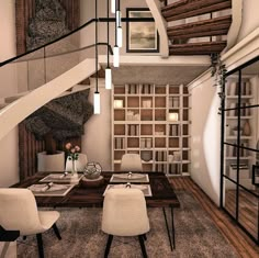 this is an image of a living room with stairs in the center and dining table on the other side