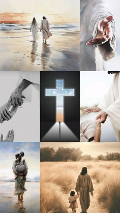 a collage of images with people holding hands and the cross above them, in different colors