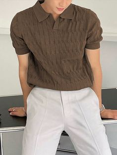 Jersey para hombre de manga corta liso y sencillo para uso diario Café integral Casual  manga corta Tela Liso  Elástico Ligero  Men Clothing, size features are:Bust: ,Length: ,Sleeve Length: Brown Polo Outfit Men, Polo Shirt Outfits, Polo Outfit, Shirt Outfits, Spiderman Movie, Mens Casual Dress Outfits, Guys Clothing Styles, Man Style, Knit Tops