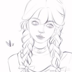 a drawing of a girl with long braids and a bow around her neck looking down