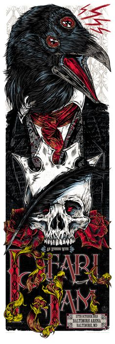 a poster with a crow on it's head and two skulls in the background