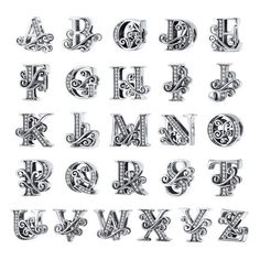 the alphabet is made up of letters and numbers with swirly designs on them, all in