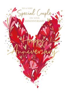 a heart shaped card with the words happy anniversary on it