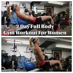 two pictures of a woman working out in the gym