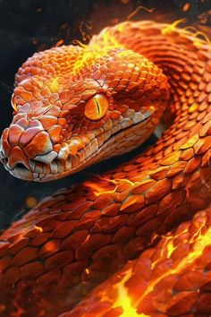 a close up of a snake on fire