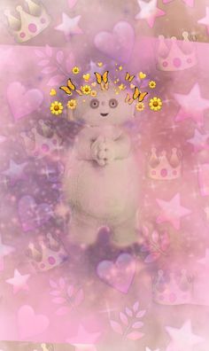 a white teddy bear wearing a crown surrounded by hearts and stars on a pink background