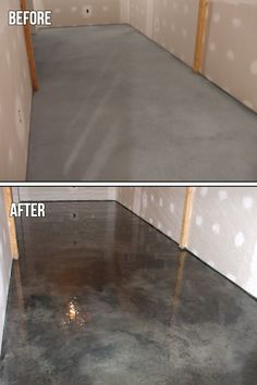 before and after photos of a concrete floor in an unfinished room with white walls, the same color as it appears