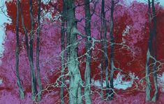 an abstract painting of trees with red leaves