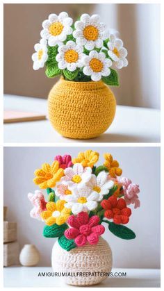 crocheted vases with flowers in them sitting on top of a white table