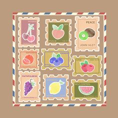 postage stamps with different fruits and vegetables on them