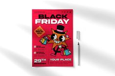 a black friday poster with a cartoon cat holding shopping bags and wearing a top hat