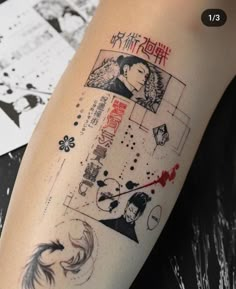 a woman's leg with various pictures and words tattooed on the side of it