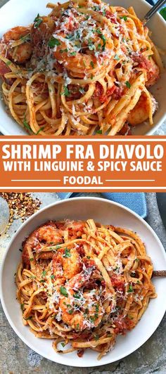 shrimp, pasta and sauce with linguinne and spicy sauce in a white bowl