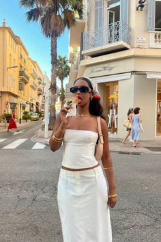 white outfit, co-ords, 2 pieces outfit, long white skirt, gold jewelry, italy summer outfit, summer outfit, 2024 outfit, 2024 fashion trends, 2024 trend, summer in italy, euro summer outfit, outfit inspo, outfit ideas, 2024 women outfit, spring outfit, summer outfit inspo, fit inspo, spain, summer in spain, spain outfit, france, south of france Dubai Outfit Ideas For Women, Greece Holiday Outfits, Co Ords Outfits Summer, South Of France Outfits, Co Ords Outfits Two Pieces, Greece Fits, Spain Outfit Ideas, Dubai Outfits Ideas, Italy Summer Outfits