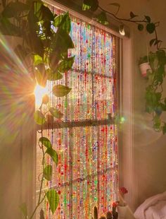 the sun shines brightly in front of a window decorated with beads and plants on display