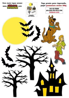 a paper cut out of the scooby dog and his house with bats on it