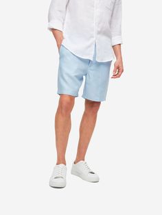 Our Sydney 2 shorts in light sky blue are cut for a regular fit for the perfect, warm weather ready style. We have developed a mid-weight, beautifully soft and breathable pure linen that will keep you cool and comfortable in even the hottest of conditions. This made in Italy fabric is finished by being piece-dyed before construction for a bright and vibrant pure blue. The Sydney 2 short features a curved back yoke for a great fit and an elasticated waistband with drawcord for comfort. The front Spring Linen Bermuda Shorts With Short Inseam, Relaxed Fit Linen Bermuda Shorts With Short Inseam, Linen Bermuda Shorts With Relaxed Fit, Linen Bermuda Shorts For Spring, Light Blue Bottoms With Built-in Shorts And Relaxed Fit, Light Blue Cotton Shorts For Vacation, Spring Linen Bermuda Shorts, Blue Bermuda Shorts With Relaxed Fit, Casual Linen Bermuda Shorts