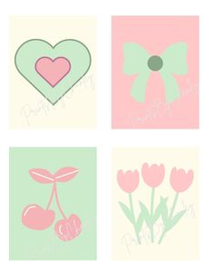 four different greeting cards with hearts, flowers and cherries in pastel pinks