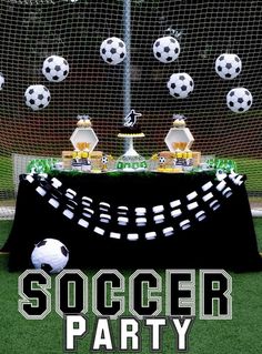 a soccer party with black and white decorations