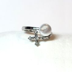 Silver Freshwater Pearl Sideways Cubic Zircon Religious Jesus Cross Ring * Pearl Sideways Cross Wrap Ring * Sterling Silver * Stone : Freshwater Pearl With Cubic Zircon * Adjustable : Us 6-7 #Ringsize6 #Ringsize7 #Adjustablering #Openring #Jesus #Religious #Catholic #Christian Sterling Silver Natural Freshwater Pearl Ring - Open End Adjustable Band - Double Criss Cross Band - Organic Stone Gift Jewelry Jesus Religious Virginmary Catholic New Gold Rosary Beads Religious God Christ Virgin Mary Chr Toe Ring Designs, Gold Rosary, Ring Pearl, Freshwater Pearl Ring, Jesus Cross, Wrap Ring, Cross Ring, Rosary Beads, Jesus On The Cross