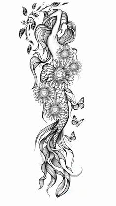 a drawing of a woman with flowers and butterflies on her back, in black and white