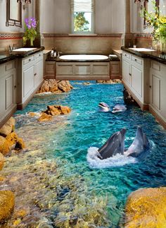 two dolphins swimming in the water with rocks and flowers on the floor next to them