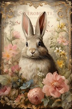 a painting of a rabbit surrounded by flowers