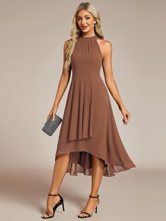 Midi Halter Neck Chiffon Wedding Guest Dress with Sleeveless and A-Line #color_Brown Flowy Sleeveless Chiffon Dress For Banquet, Elegant Flowy Chiffon Sleeveless Dress, Elegant Chiffon Sleeveless Dress For Wedding, Solid Sleeveless Chiffon Dress, Solid Color Flowy Chiffon Sleeveless Dress, Elegant Sleeveless Flowy Bridesmaid Dress, Elegant Sleeveless Chiffon Halter Dress, Elegant Sleeveless Halter Dress For Banquet, Elegant Halter Neck Chiffon Dress For Party