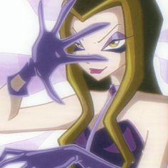 an anime character with long hair and purple makeup holding her hand up to her face