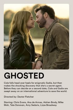 an advertisement for the movie ghosted with a man and woman kissing in front of them