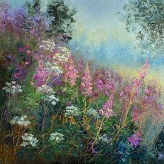 an oil painting of wildflowers and trees