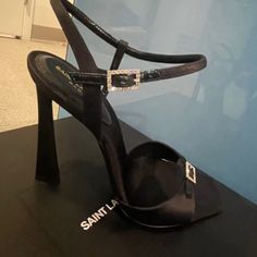 Venue Crystal-Embellished Satin Sandals Heels Saint Laurent Saint Laurent Heels, Black Pointed Toe Heels, Blue Suede Pumps, Black Satin Heels, Ysl Saint Laurent, Satin Sandals, Ysl Heels, Leopard Print Heels, Mid Heel Sandals