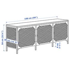 an image of a sideboard with two doors and three baskets on the front, measurements