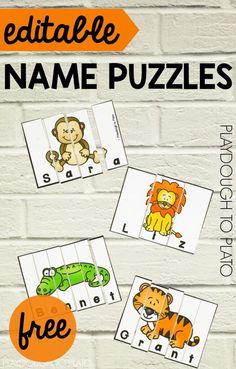 the zoo animals name puzzles are on display in front of a white brick wall with orange and