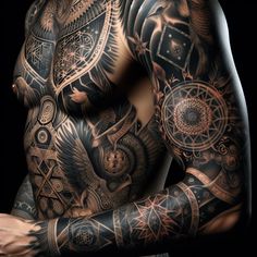 a man with many tattoos on his chest and arms is looking at the camera while holding his hands in his pockets