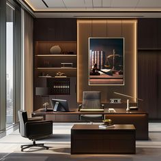 an office with a desk, chair and book shelf in the center is lit by lights