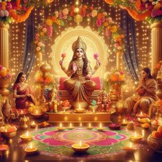 an image of goddess sitting in front of flowers and candles