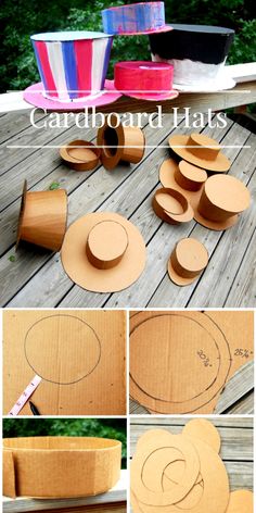 cardboard hats and other crafting supplies on a wooden deck with text overlay that says cardboard hats