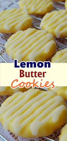 lemon butter cookies on a cooling rack with the words, lemon butter cookies above them