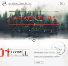 the word adventure is written in red and black on top of a white background with trees