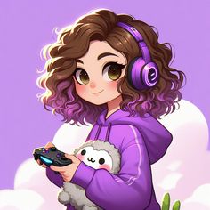 a cartoon girl with headphones holding a game controller in her right hand and a sheep on the other side